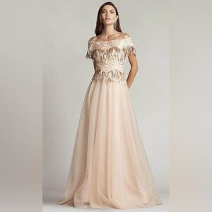 TADASHI SHOJI - GOLD FLAPPER FRINGE EMBROIDERED TULLE OFF THE SHOULDER BALL GOWN